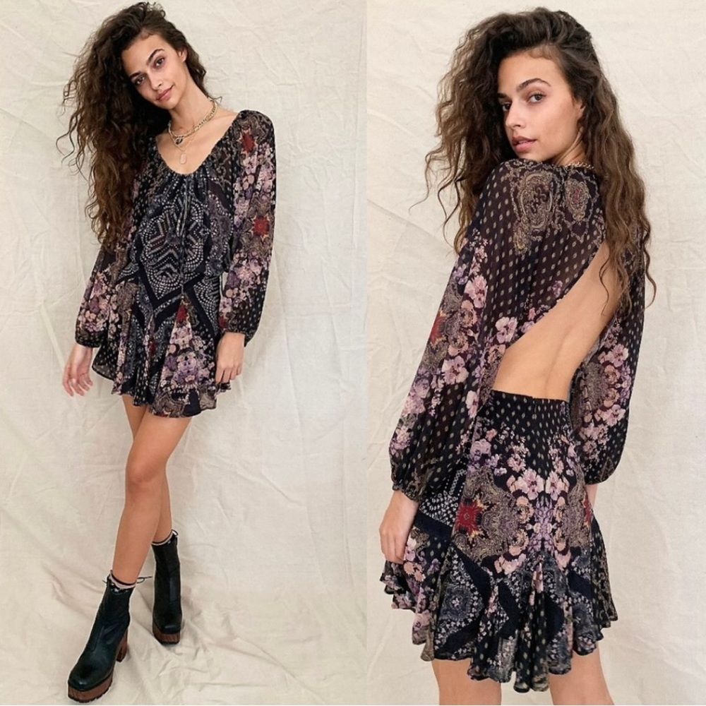 Free People Seven Wonders Black Combo Open Back Puff Sleeve Mini Dress Size M